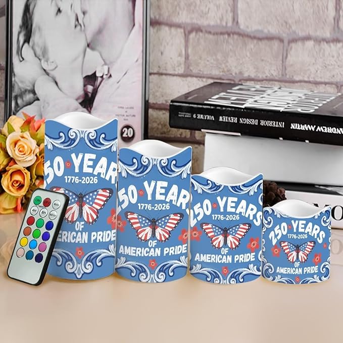 1776–2026 LED Candles 250th Anniversary Butterfly Pattern Battery Operated Flickering with Timer 4th of July American Pride Decor for Independence Day Living Room, 4 Pack