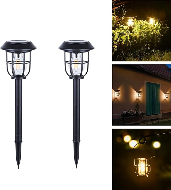 Solar Pathway Lights 2 Pack Motion Sensor, IP65 Waterproof, 120LM Warm White Tungsten Bulb for Garden Yard Lawn Decor