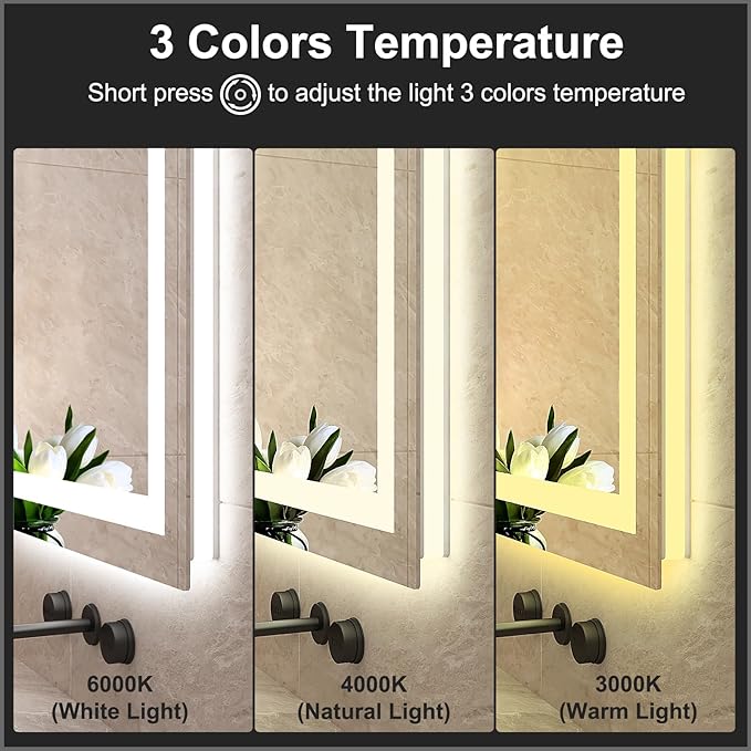 LED Mirror for Bathroom 24x32 Lighted Bathroom Vanity Mirrors with Lights, Brighter Frontlit and Backlit Anti-Fog Mirror, Tempered Glass, Dimmable 3 Colors Light Modes, Memory Function