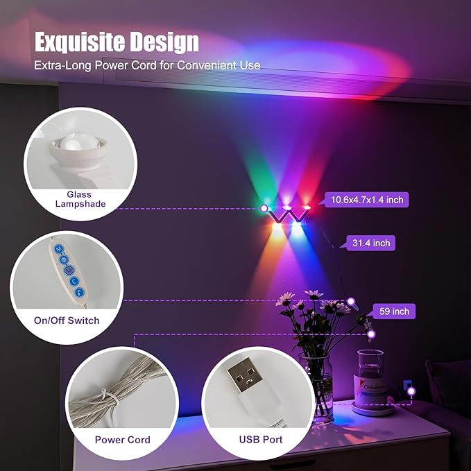 RGB Wall Light Multi-Colour Ambient Lighting,controllable via APP Modern Ambient Lighting,with Scene and Music Modes for Gaming, Suitable for bedrooms,Bedside,Living Rooms,Room Decoration