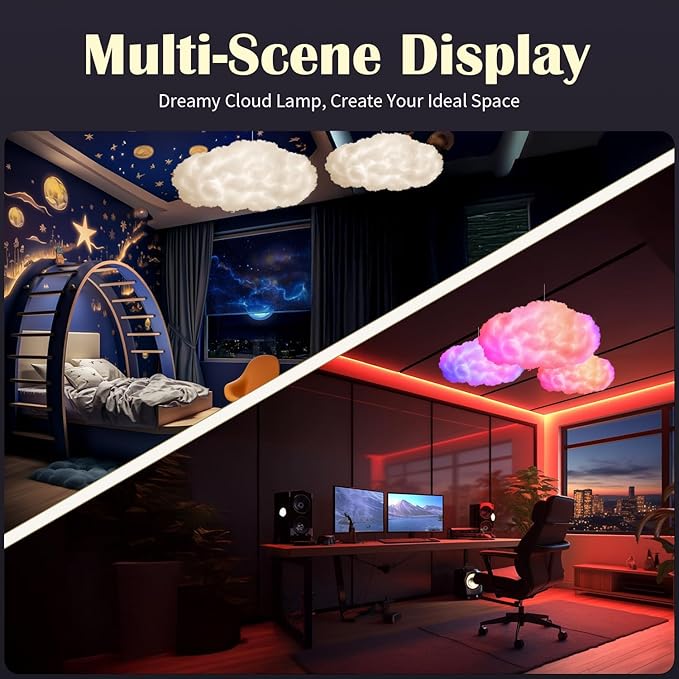 3D Cloud Lamp 3 Pack – 24 Inch Cotton LED Mood Lights, APP & Remote Controlled, Music Sync, 16 Million Colors, USB Powered for Bedroom, Gaming Room, Starry Sky Ceiling Decor