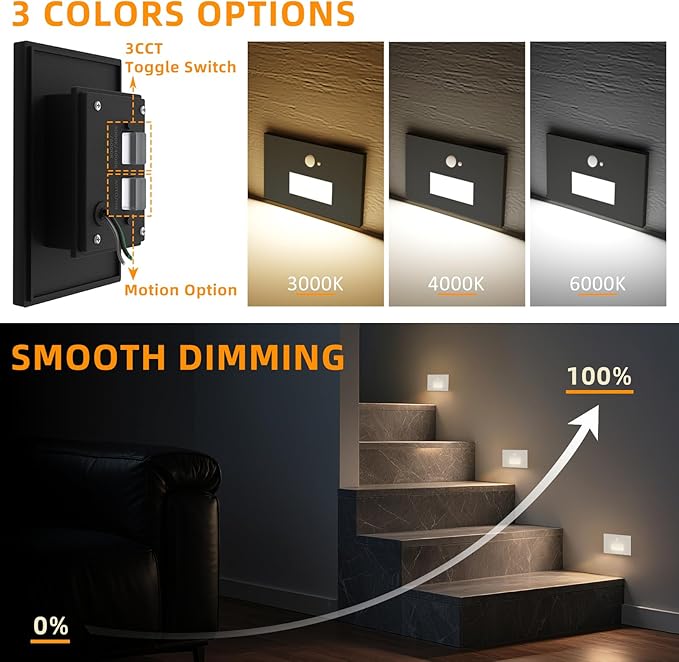 8 Pack Motion Sensor Stair Lights Indoor Outdoor,Dimmable Motion Activated Step Lamp 3000K/4000K/6000K,Hardwired 120V 4W IP65 Waterproof Outside Stairway Light,Led Staircase Lights- Black