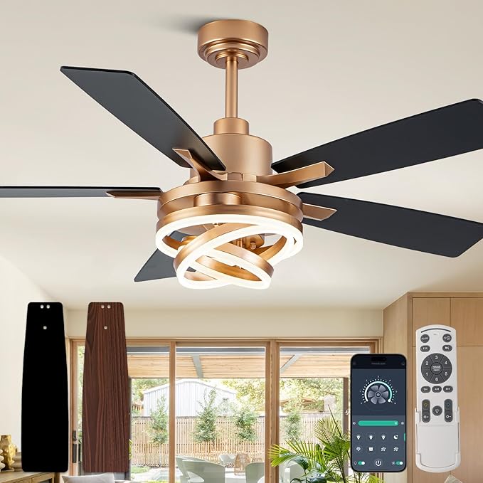 52" Gold Ceilling Fans with Lights Modern Chandelier Fan DC Motor Dimmable Led Fandelier Ceiling Fan with Light for Bedroom, Living Room