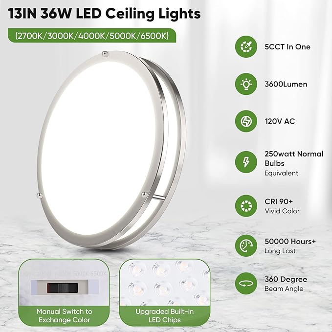 36W LED Flush Mount Ceiling Light Fixture, 13inch LED Ceiling Light 3600LM, Modern Ceiling Light 2700K/3000K/4000K/5000K/6500K 5CCT, Brushed Nickle Dimmable Ceiling Lamp for Living Room Kitchen,1 Pack