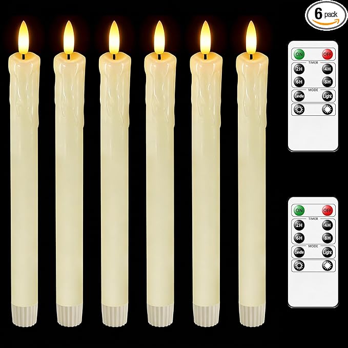 Lezonic Flameless Taper Candles with Remote Timer, Real Wax Battery Operated Flickering LED Fake Candles for Dining Table Centerpiece Wedding Christmas Mantel Decor, 0.8 x 9.5 inch