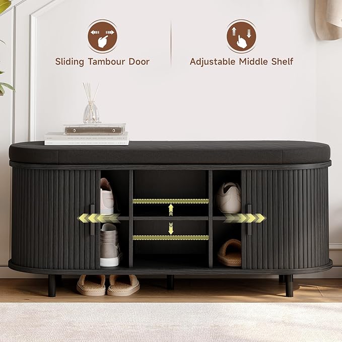ONBRILL 43" Shoe Bench with Storage, Fluted Shoe Storage Bench with Cushion, Sliding Door and Adjustable Shelf, for Entryway, Hallway, Living Room, Black
