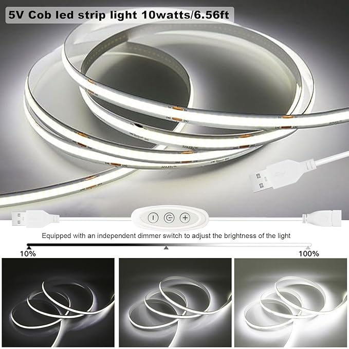 5v COB Led Strip Lights USB Powered 6000k White CRI93+ 6ft Dotless Led Tape Light with Dimmer, Flexible & Cuttable Dimmable COB Strips for Sewing Machine 3D Printer TV DIY Cabinet Lighting