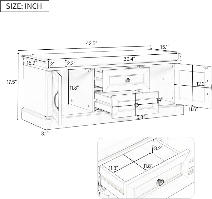 Knocbel 42.5" Entry Storage Bench with Removable Cushion, 2 Drawers and 2 Cabinets, Entryway Hallway Foyer Shoe Bench End of Bed Bench with Aluminum Handles, 200lbs Weight Capacity (Espresso)