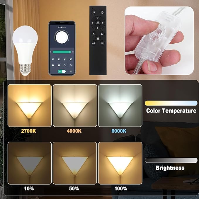 Dimmable Corner Lamp with Remote & Smart Bulb, Plug in Ceiling Light with Cord, Led Corner Lights for Living Room Bedroom Basement Office, Room-Saving Wall Light, Safe for Kids & Pets Design