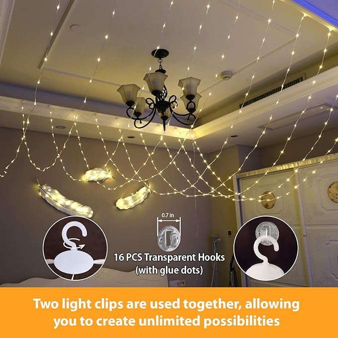 HXWEIYE 300LED Fairy Curtain Lights, 9.8x9.8Ft USB Plug-in 8 Modes Christmas String Hanging Lights with Remote for Bedroom Backdrop Wedding Indoor Wall Decor, Warm White, Tangle-Free – 1 Pack