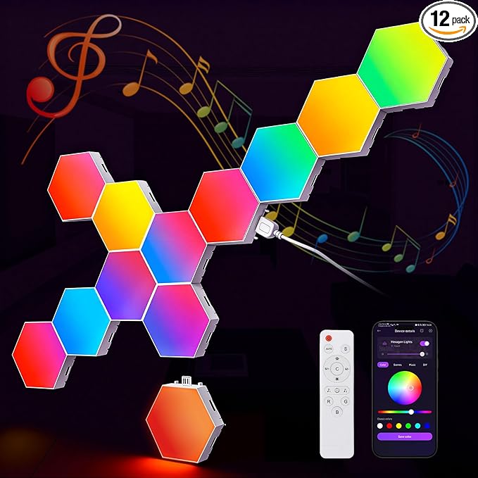 Hexagon LED Lights Panels – Smart RGB Wall Lights with APP/Remote & Music Sync, DIY Modular & Gaming Room Decor, Wall LED Panels Lights for Bedroom (12-Pack)