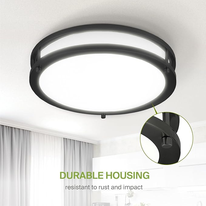 ASD LED 12" Round Flush Mount Lighting, Close to Ceiling Light Fixture | 3CCT, Dimmable, Energy Star, ETL Listed | 20W 1532LM 3000-5000K 120V | Low Profile Double Ring Lamp | Black, 4 Pack