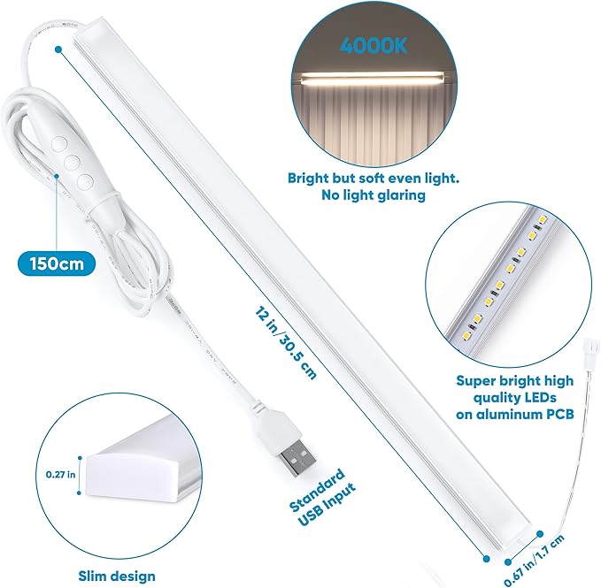 Litever Plug-in Under Cabinet Lighting Kit with Adapter, Dimmer, 2 pcs 12 Inch USB LED Light Strips. Dimmable Linkable for Kitchen Counter, Workbench, Over Sink, Closet, Pantry. Cool White 4000K