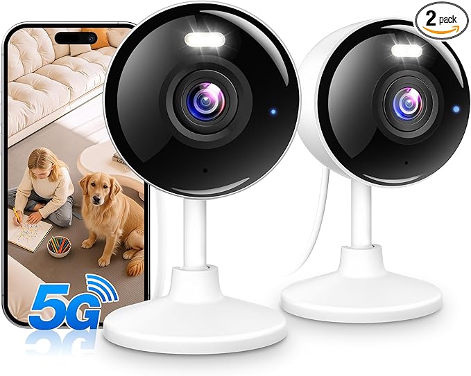 2K Cameras for Home Security, 5G & 2.4G WiFi Security Camera Indoor Outdoor for Baby Pet Dog Cat Nanny, 2-Way Audio, Color Night Vision, Siren, 24/7 Local Recording, IP65, Work with Alexa, K07-2P