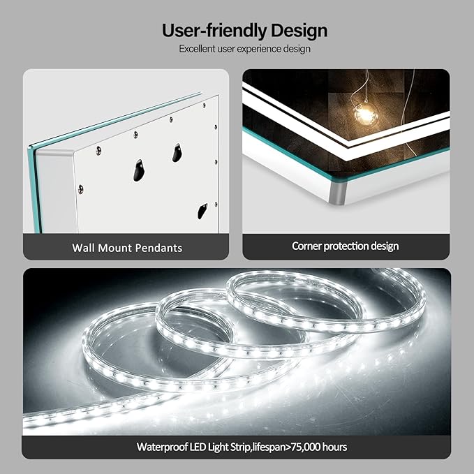 28x20 inch LED Lighted Bathroom Mirror with Anti-Fog, Fashion Bathroom Decor Vanity Mirror with Dimmable, Smart Control, Memory, Adjustable Warm White/Natural/Daylight, Birthday Wedding Gift