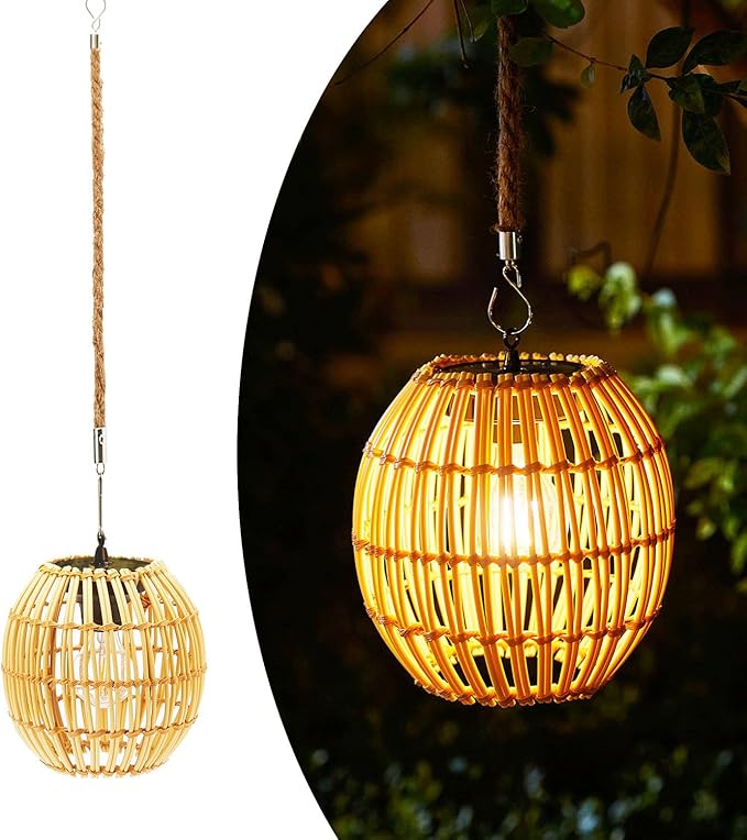 Livinlarge Hanging Solar Lantern Outdoor Waterproof, Large Solar Rattan Lantern Outdoor with Twine Handle, Bright Outdoors Hanging Lights with Edison Bulb for Garden Patio Yard Decoration