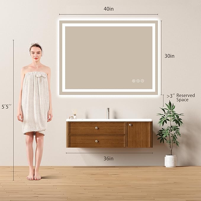 40x30 LED Bathroom Mirror with Lights - Dimmable, Anti-Fog, 3 Color Backlit & Front Lit Mirror for Bathroom, Shatter-Proof Tempered Glass, Easy Installation