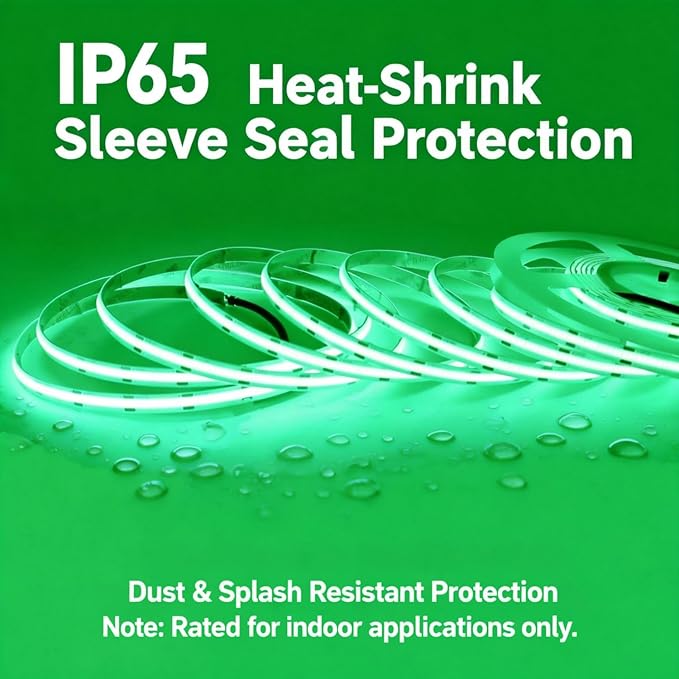 IP65 COB LED Strip Light, 480LEDs/m High Density Green, 16.4FT DC12V Flexible Cuttable, CRI90+ Uniform No-Spot Lighting for Kitchen,Bathroom&Under Cabinet, Home DIY Lighting Projects(No Power Supply)