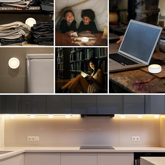 Battery Operated Puck Litghts with Remote Warm Natual Cool White Three Color Wireless Under Cabinet Lighting Push Lights Stick On Tap Lights with Dimmer & Timmer for Bedroom, Closet