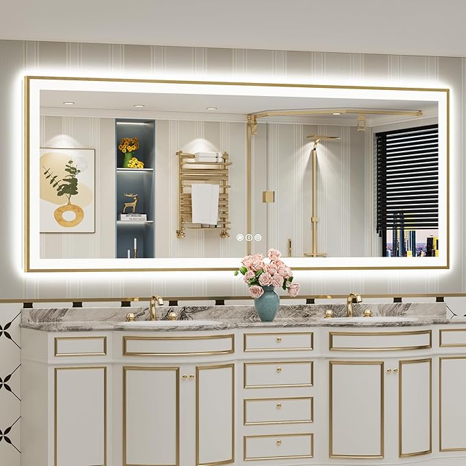 88x38 Gold LED Bathroom Mirror with Lights, Brushed Gold Framed Backlit and Front Lit Anti-Fog Lighted Vanity Mirrors for Bathroom Wall, Dimmable, 3 Colors, Memory, HD Tempered Glass, CRI＞90