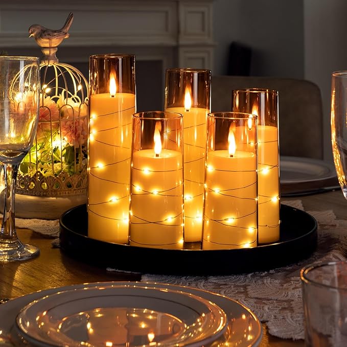 Raycare Flameless Candle with Remote Timer – 5 Flickering Acrylic Battery Operated LED Pillar Candles with Embedded Star String for Christmas, Home Decor, and as a Gift(Glod)