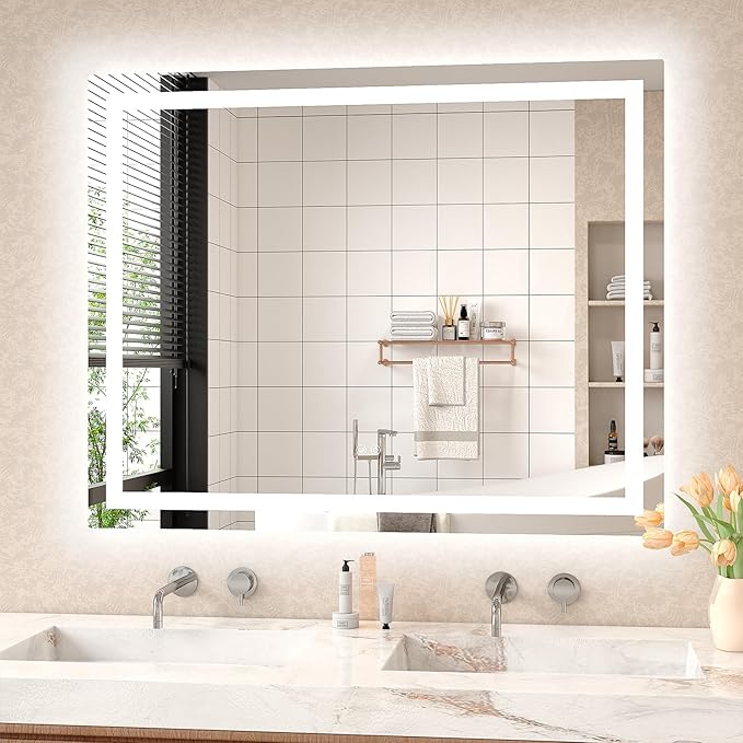 LED Mirror for Bathroom 40x32 Lighted Bathroom Vanity Mirrors with Lights, Brighter Frontlit and Backlit Anti-Fog Mirror, Tempered Glass, Dimmable 3 Colors Light Modes, Memory Function