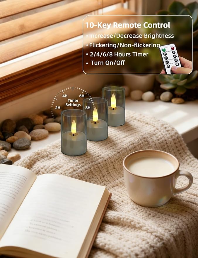Rechargeable Acrylic Flameless Candles with Remote Timer, Flickering Warm White Tealights, Ideal for Home Decor Weddings Parties, Restaurants(Gray,Set of 6)