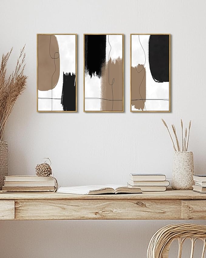 KUVIOKE Abstract Wall Art Minimalism Color Blocks Illustrations Modern Minimalist Painting Artwork for Living Room Bedroom 8x16in3pcs Natural Framed