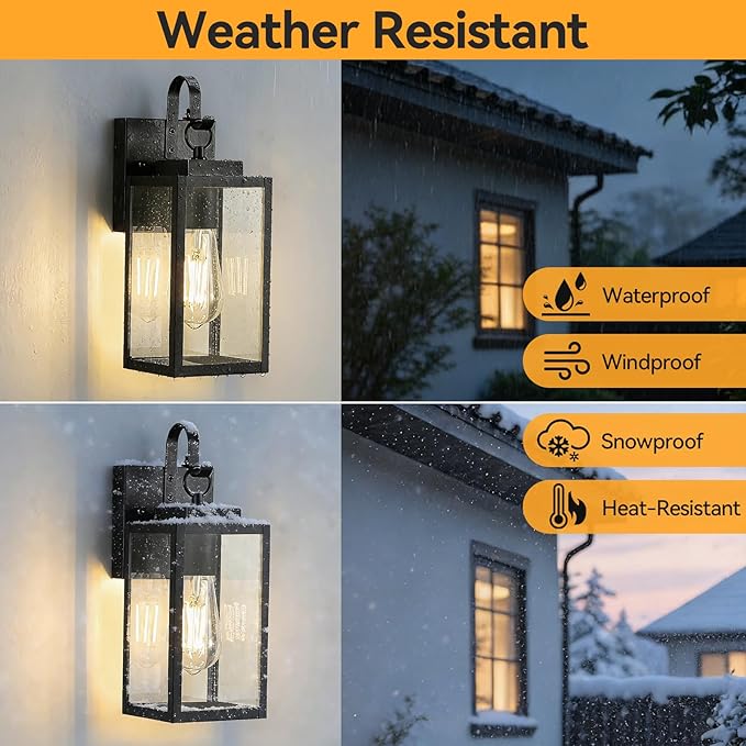 11.8-inch Dusk to Dawn Outdoor Wall Lights, Black Exterior Light Fixture with Clear Tempered Glass, IP65 Waterproof All-Metal Sconce for Porch, Front Door, Garage