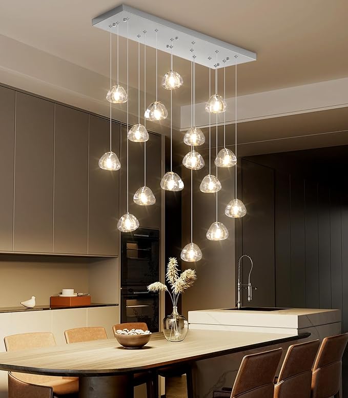 Brushed Nickel Rectangular Chandeliers for Living Dining Room Light Dimmable High Ceiling Pendant Lights Fixtures Lighting Chandelier for Foyer Entryway Lighting