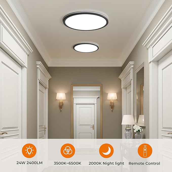 Matane 2Pack 12in LED Flush Mount Ceiling Light Fixture with Remote Control, Nightlight 2000K Warm, 3000K-6500K Adjustable, Low Profile Ceiling Lights for Bedroom, Kitchen, Living Room, Black