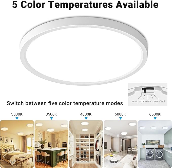 8 Pack LED Flush Mount Ceiling Light,7Inch 15W,3000K/3500K/4000K/5000K/6500K 5 Color Temperatures Ceiling Light Fixture for Kitchen Porch Hallway Bedroom Bathroom and Closet,White