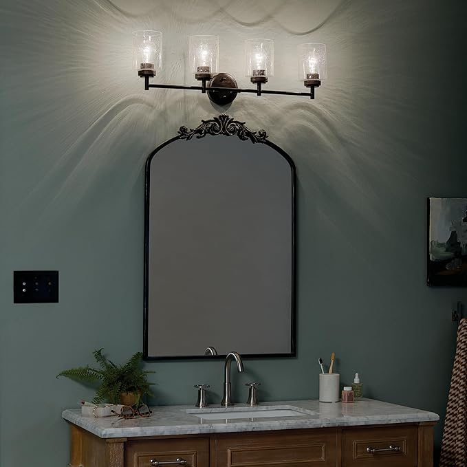 Kichler Winslow 30" 4-Light Vanity Light in a Rich Black with Clear Seeded Glass for Bathroom and Powder Room Vanity, Luxe Industrial Style, (30" x 9.25"), 45887BK