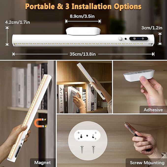 Battery Powered Operated Wall Strip Lights, Motion Sensor LED Light Bar Indoor, Rechargeable Magnetic Under Cabinet Lighting Wireless with Remote Control for Desk Mirror Closet – White
