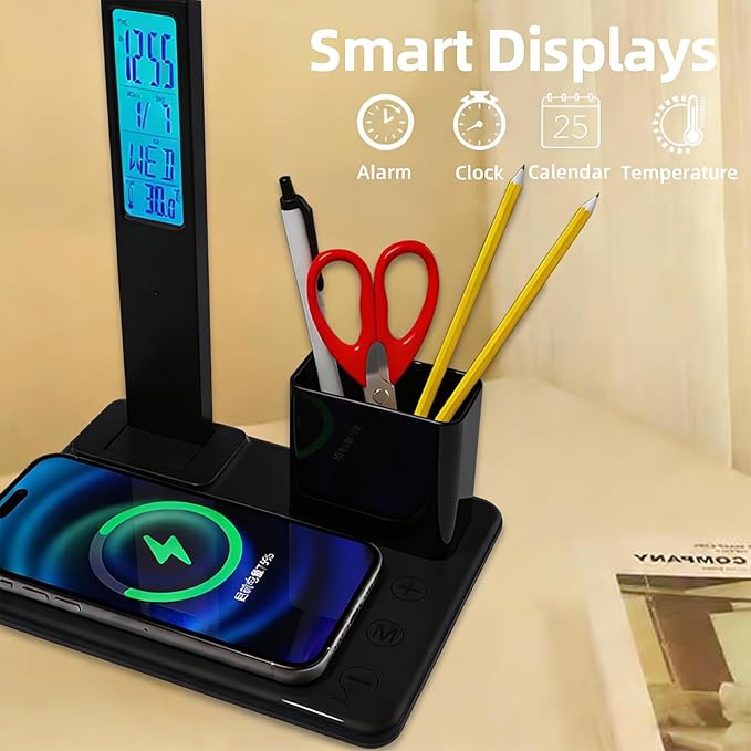 Multi-Function Desk Lamp with Display&15W Wireless Charger,3 Color Temperatures,Touch Control,Foldable Design,Built-in Clock,Calendar,Thermometer,Alarm,HYT1771 Black.
