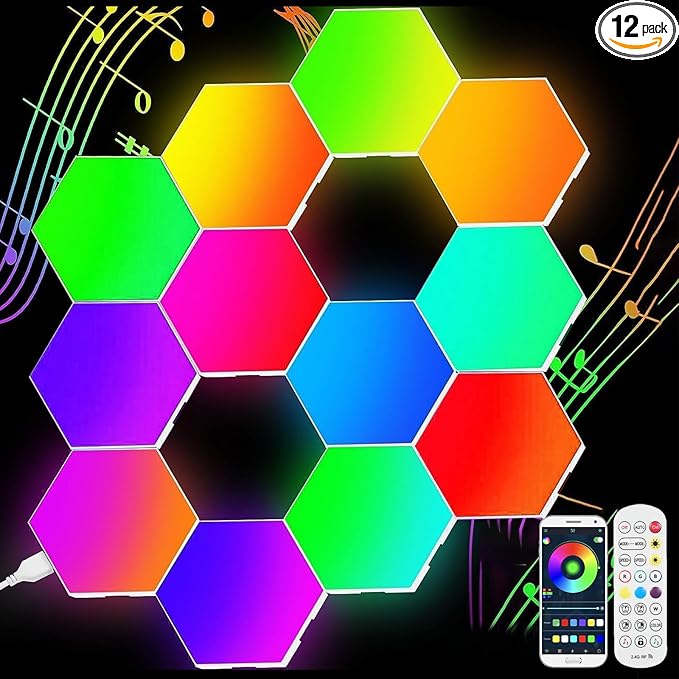 Neoglint 12 Pack Hexagon Lights - Smart App & Remote Control RGB LED Wall Panels, Music Sync Honeycomb Modular Lights with Timer, DIY Gaming Room Decor & Night Light, Cool Gifts for Men & Kids