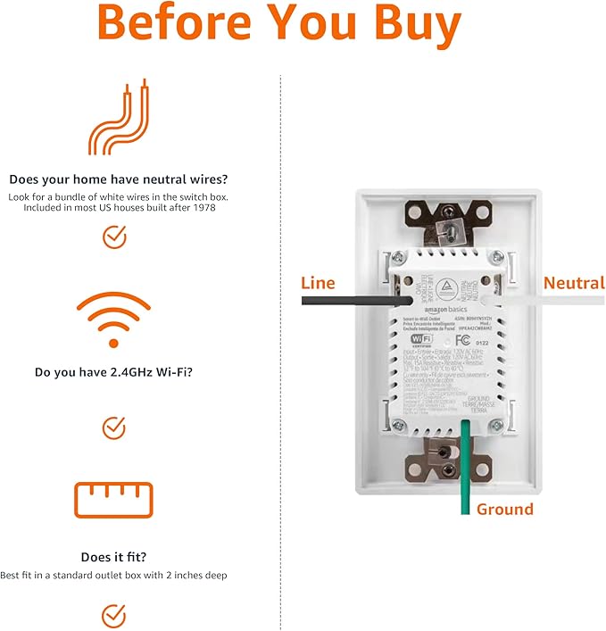 Amazon Basics Smart In-Wall Outlet, Works with Alexa Only, Individually Controlled Outlets, Voice Control, WiFi, 15 Amps, 2.4 GHz, No Hub Required, White