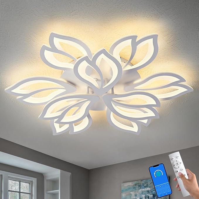 HuixuTe 28" White Modern Flower Dimmable Ceiling Light Fixture, 9 Leaves Low Profile Flush Mount Ceiling Light for Living Room Dining Room Bedroom