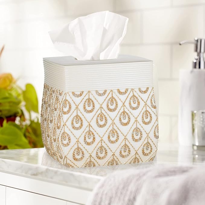 Zahari Home 2pc Seraphina Bathroom Set Waste Basket & Tissue Cover Modern Classic Decor Stylish Unique Design Beautiful White Bathroom Accessories Set