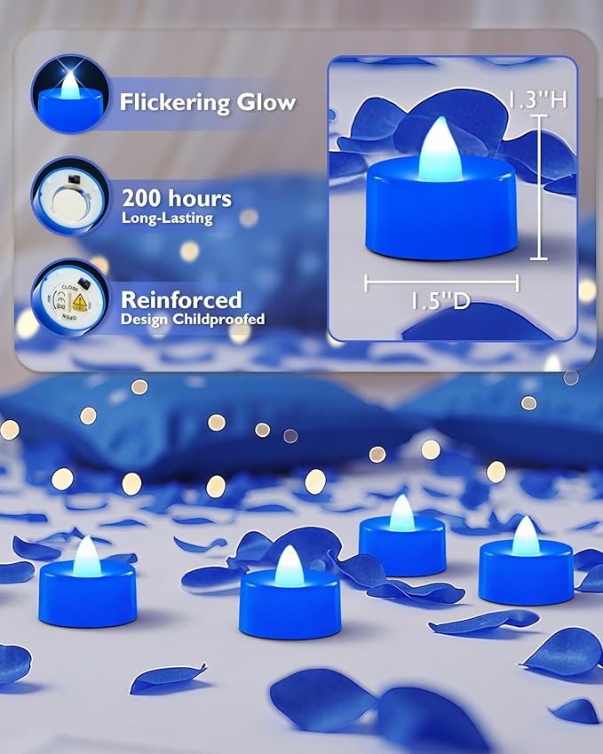 Amagic 30 Pcs Blue Flickering Flameless Tea Lights Battery Operated, 200+ Hours Long Lasting Colored Candles for Wedding, Table Centerpiece, Home Decor, Gift, Party, Halloween, Christmas, Proposal