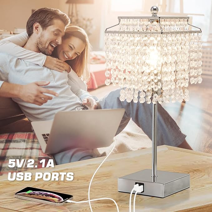 Touch Crystal Table Lamp Silver, Bedside Lamp with USB C+A Ports, Dimmable Nightstand Lamp with Crystal Shade, Bedroom Lamp for Girls Bedroom, Living Room, Bulb Included