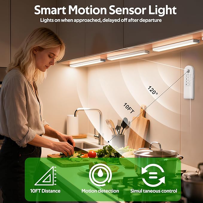 AIBOO Under Counter Lights, 1800mAh Rechargeable Gun Safe Lights Motion Sensor Lights,3 Pack 8 inch Under Cabinet Lighting,3 Color Temperatures Magnetic Closet Lights for Kitchen, Stairs,Wardrobe