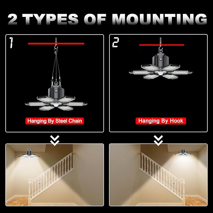 Plug in Garage Light with Motion Sensor - Ultra Bright 200W 20000LM Motion Activated Shop Light with 3 Mode, 6 Deformable LED Panel, Indoor Motion Light Bulb for Garage, Workshop (2 Pack)