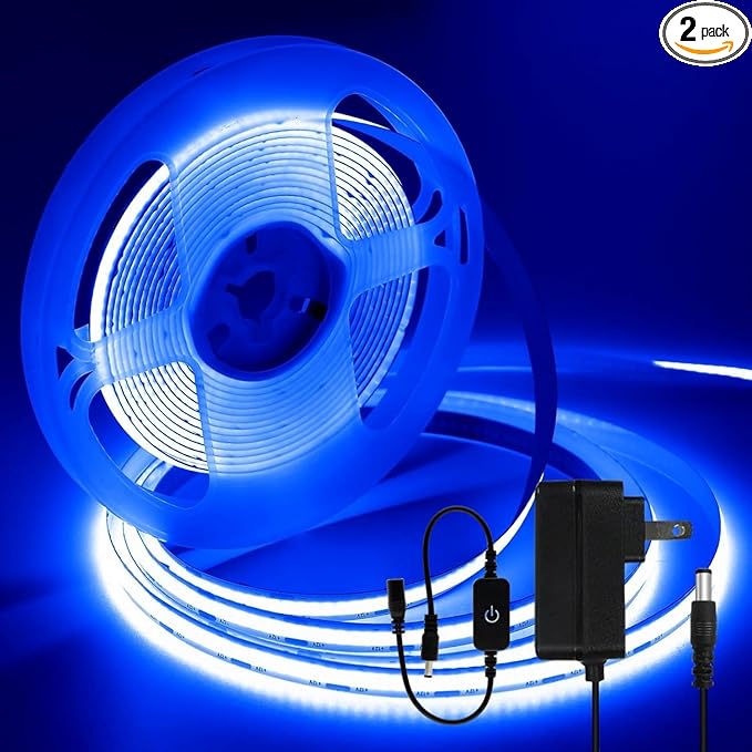 iNextStation 16.4FT 5M Bule COB LED Strip Light, DC12V CRI 93+ Bule Light Strip, 8mm Width LED Tape Lights, Dimmable COB Strip Light for TV Backlight, Bedroom, Kitchen, Lighting Decor(with Plug)
