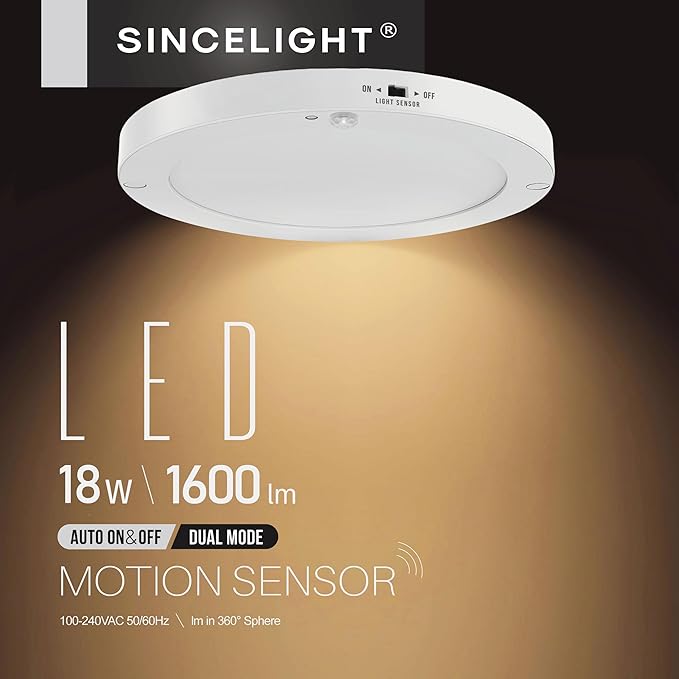 SINCELIGHT PIR Motion Sensor 18W LED Ceiling Light (Φ9''/220mm), Automatically ON/Off, Movement Activated, Dual Mode Turnable, Warm White 2700K, Surface/Flush Mount for Hallway,Porch, Pack of 1