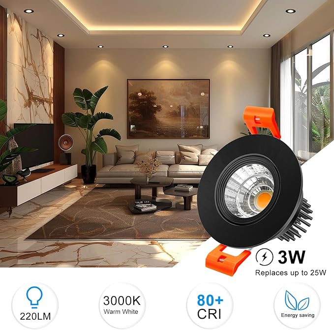 inShareplus 2 Inch LED Downlight, 3W Recessed Lighting 220LM COB Dimmable, 3000K Warm White, CRI80, Black Trim, LED Ceiling Lights with Driver, 12 Pack