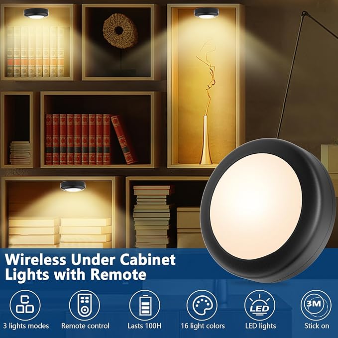 Yiliaw 12 Pack LED Puck Lights Remote Control 16 Color Changeable Under Cabinet Lights, Battery Operated Lights Night Light with Dimmer & Timmer for Closet Bedroom Kitchen, Black