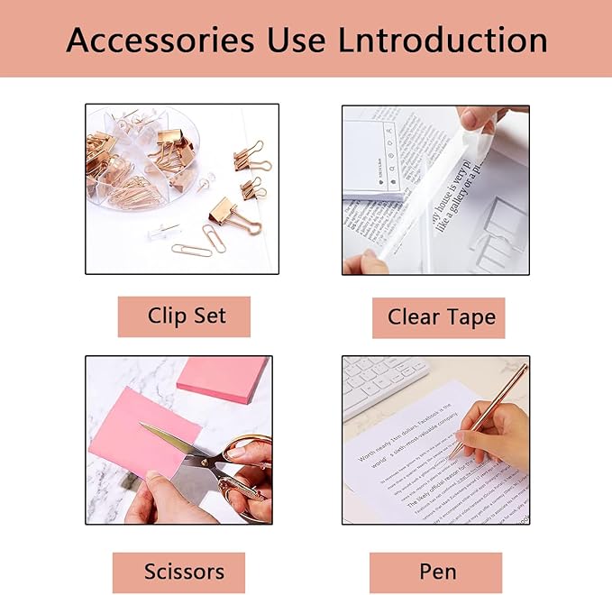 suniya Office Supplies,Desk Accessories,with Stapler,Tape Dispenser,Staple Remover,Scissor,Ballpoint Pen,Clear Tape,Staples,Binder,Best Gift Set(Rose Gold)