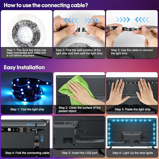 LED Strip Lights 10ft, 6 Pre-cut 1.64ft RGB LED Lights for 43-65 Inch TV, App Control TV LED Backlight with Remote, Music Sync USB Bias Lighting LED Strip Lights for Bedroom PC Monitor Mirror Cabinet