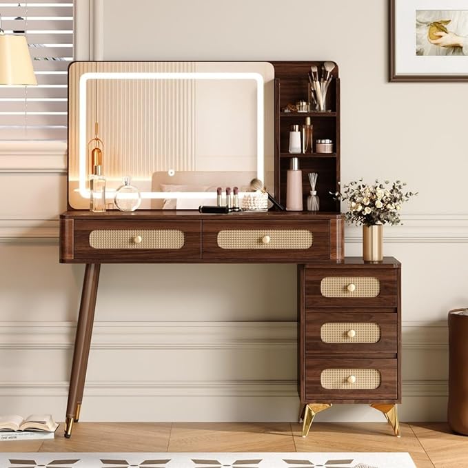 Vanity Desk with Mirror and Lights,Makeup Vanity with 2 USB Power Strip,3 Lighting Modes Adjustable Brightness, Foldable Three-Sided Mirror (ALIQWERY-007)